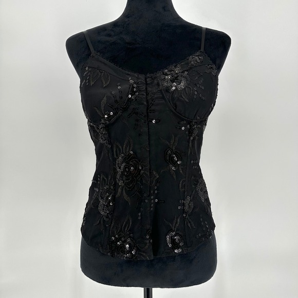 Tops - Y2K‎ Ole Ole Black Cami Sequin Floral Embroidery Top Smocked Back Women's Medium